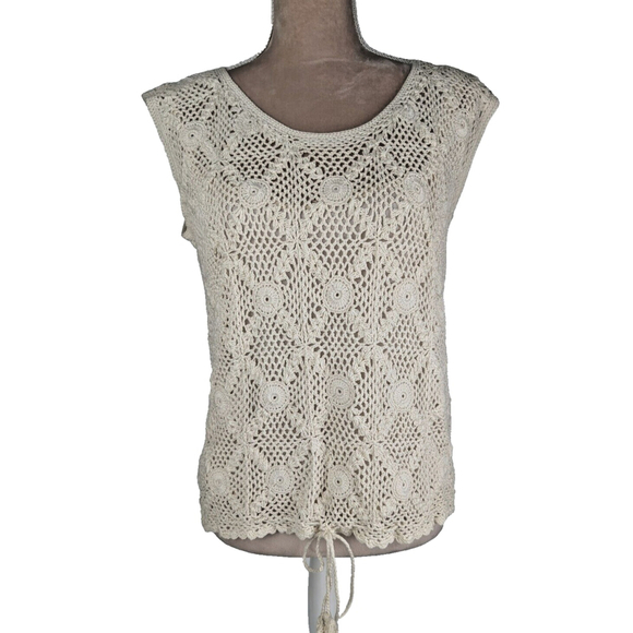 Hand Crochet Crop Lace Tank Top Medium Large Boho Festival Retro Beige - Picture 1 of 8